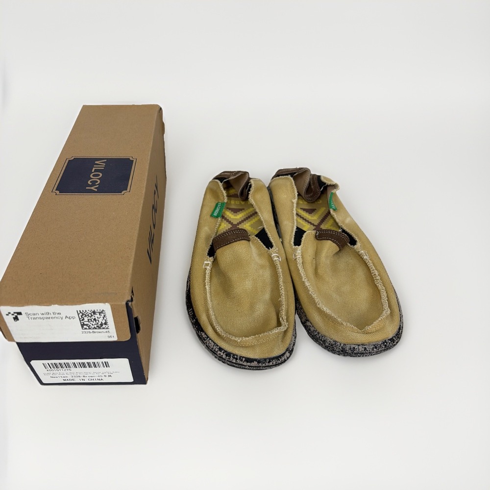 Vilocy Men's Size 45 11.5 Brown Tan Canvas Slip On Loafers Casual Shoes 2328 T18